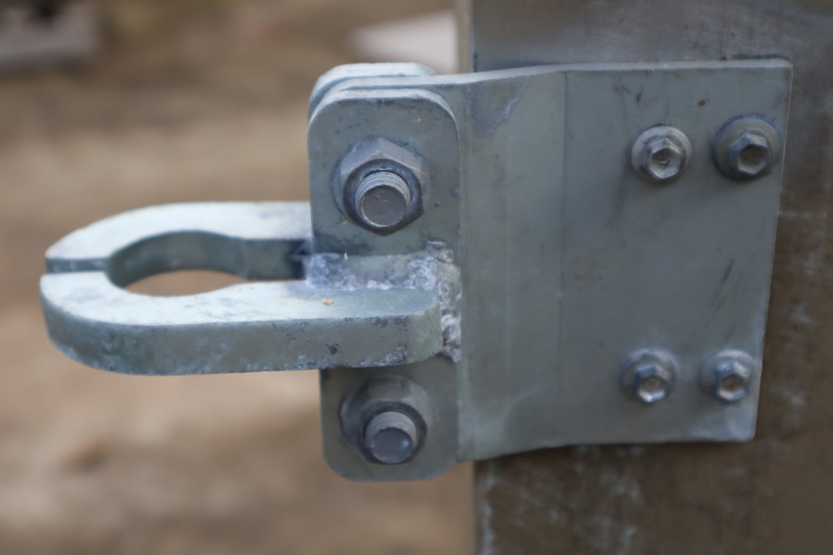 Forward facing hinge clasp mounted to our universal bracket which allows the gate to swing 180 degrees in the opening and gives greater adjustment in the positioning of the gate in the opening , mount bracket is screwed , bolted , tapped or welded the  post 
