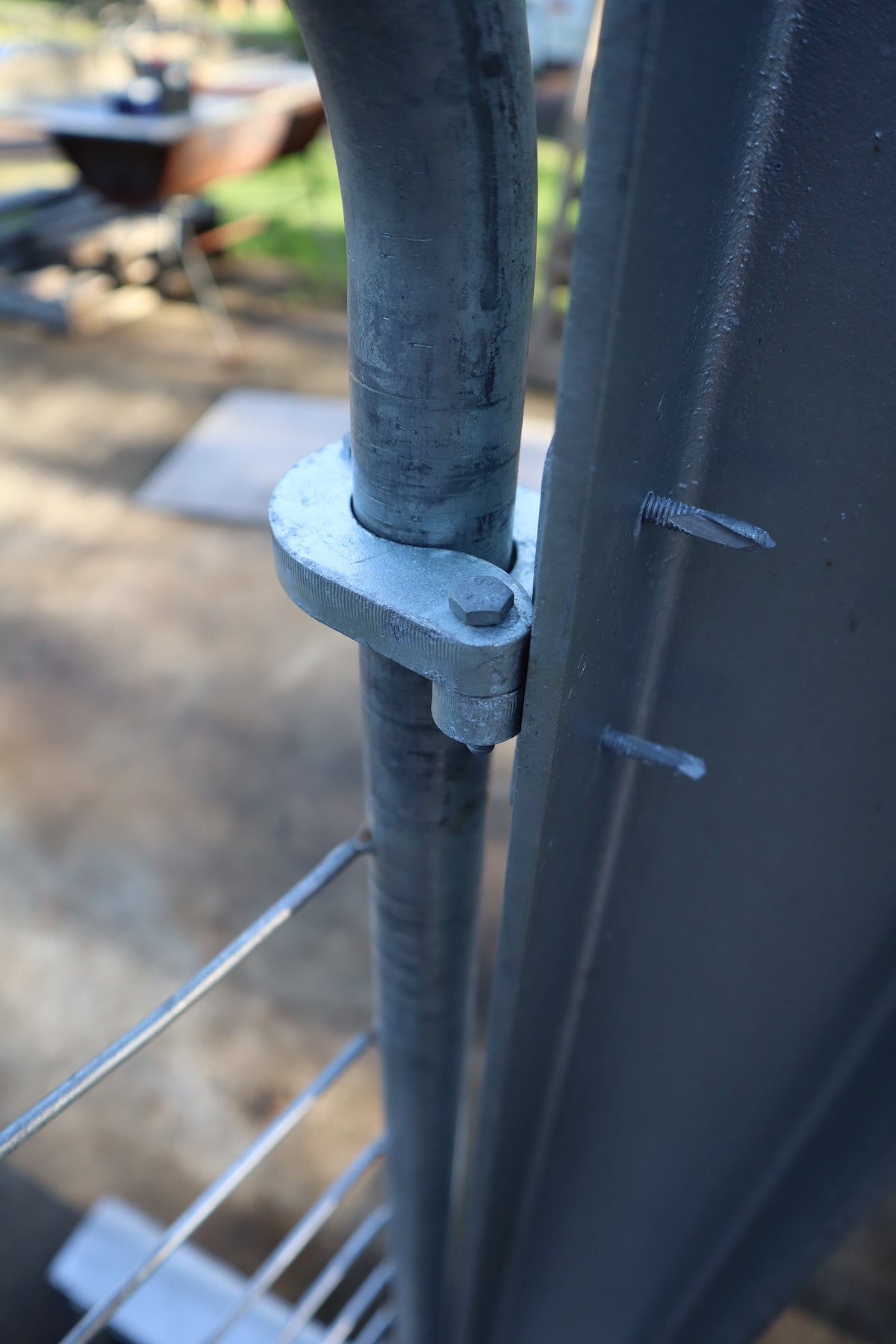 Rollaround Hinge can be easily fitted by tech screws to beams and posts  strong construction hot dipped gal 